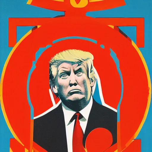 Image similar to a colorful Soviet propaganda poster of Donald trumps face looking at the, mosaic, high contrast,