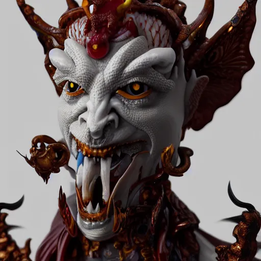 Image similar to a closeup portrait photo, alabaster and ruby real delicate ceramic porcelain sculpture of an ornate detailed humanoid dragon demon devil god in front of an intricate background by rafael, micro detail, backlit lighting, subsurface scattering, translucent, thin porcelain, fire, flames, amber, octane renderer, colorful, physically based rendering, trending on cgsociety