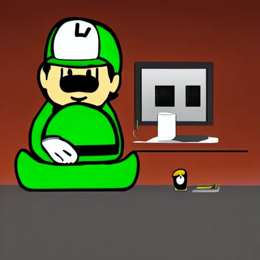 Image similar to luigi sitting next to penguin tux in front of a computer, cute digital art, 4 k