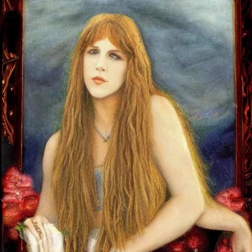 Image similar to amazing preraphaelite painting of stevie nicks in her youth