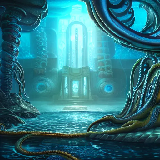 Prompt: beautiful digital fantasy illustration of an underwater city surrounded by tentacles, the forge of worlds, concept art by xul solar, two hands reaching for a fish, fractalism, high detail texture, unreal engine, 8 k, photographic quality, ultra hyper realistic quality, 8 k definiton, hyper - realistic, cinematic, cinematic lighting