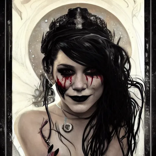 Image similar to beautiful portrait of vanessa hudgens as death from sandman, smiling, by cedric peyravernay, alphonse mucha, by jeremy mann, by lecouffe deharme, goth chic, soft lightning, eyeliner, punk rock, high detailed, 8 k