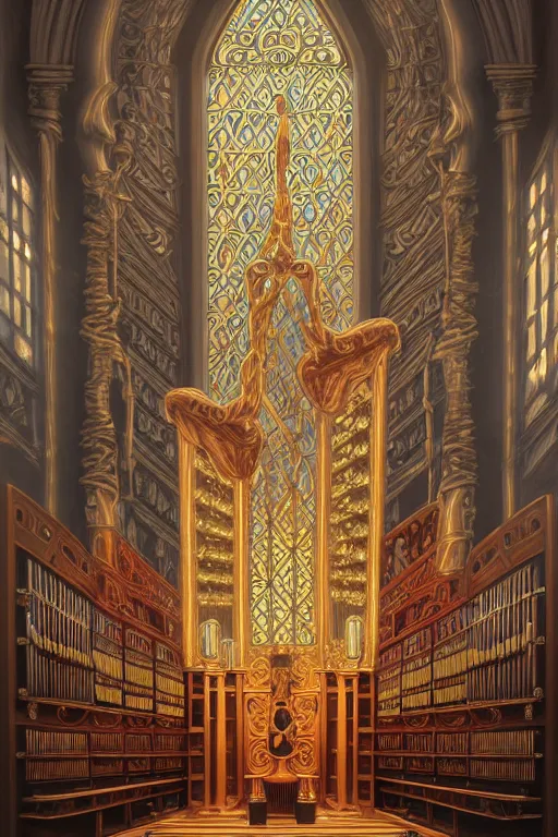 Image similar to painting of a pipe organ in front of a dimensional portal, decorated, intricate, elegant, highly detailed, digital painting, artstation, concept art, smooth, sharp focus, illustration, art by artgerm and greg rutkowski and alphonse mucha, 8 k