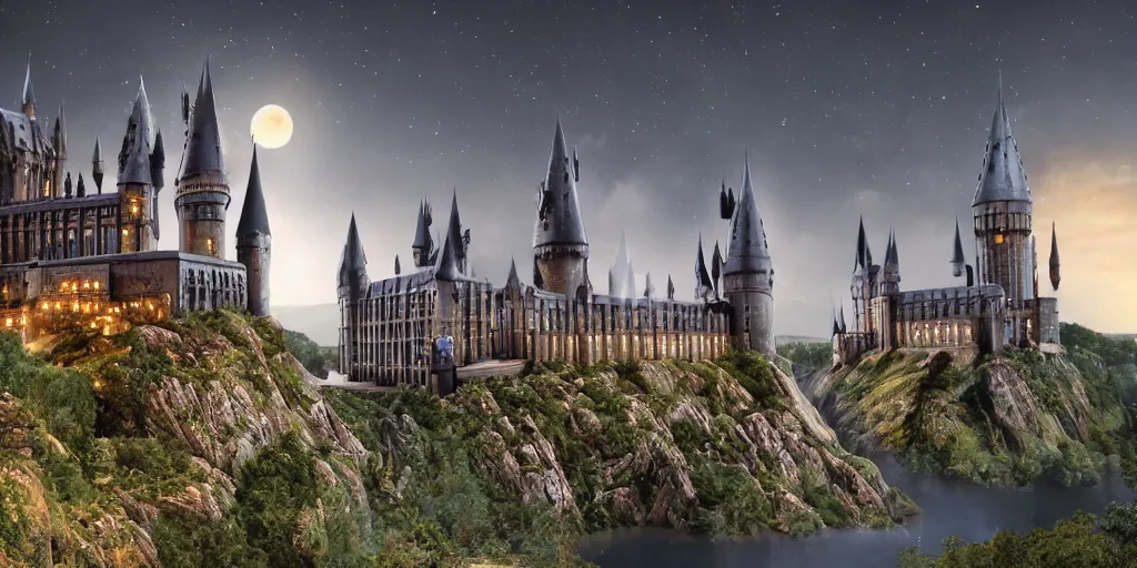 Prompt: insanely detailed long shot of hogwarts castle next to a lake at night with glowing windows cloudy night bright moon, harry potter