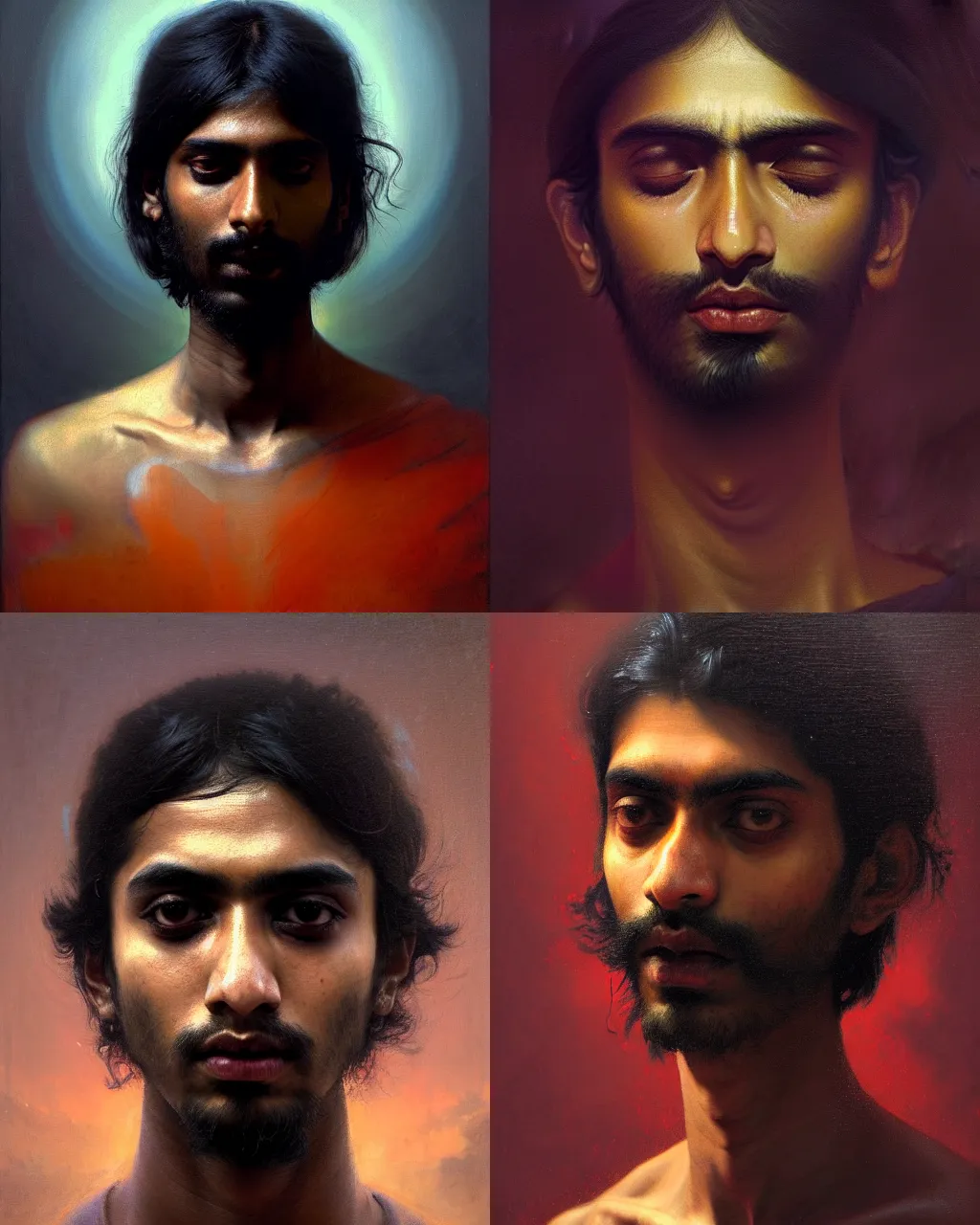 Prompt: a beautiful dramatic classical portrait of a spaced out indian stoner 2 5 years old boy, head only, by greg rutkowski, by ross tran, by anthony van dyck, by zdzisław beksinski, oil on canvas, baroque color palette, trending on artstation, masterpiece, cold lighting, detailed, 8 k