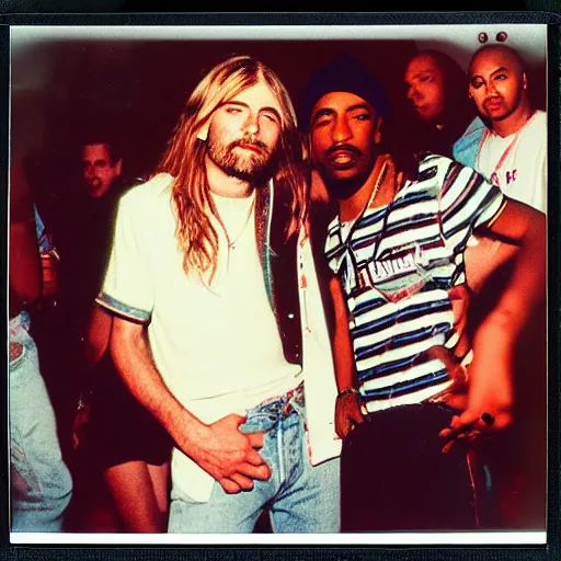 Image similar to Polaroid photograph of Kurt Cobain and Tupac Shakur in a club, blurry, XF IQ4, 150MP, 50mm, F1.4, ISO 200, 1/160s, natural light, Adobe Lightroom, photolab, Affinity Photo, PhotoDirector 365,