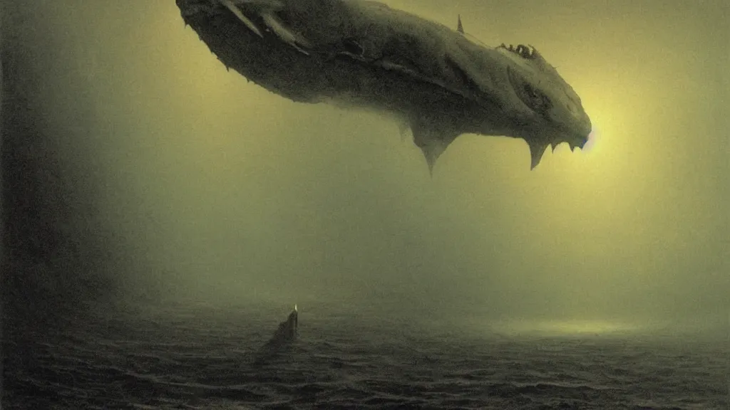 Prompt: environment under the ocean, a huge monster of the deep emerges out of the darkness of the deep ocean waters to attack a small submarine, Beksiński, Achenbach, horror, eerie lighting, god rays