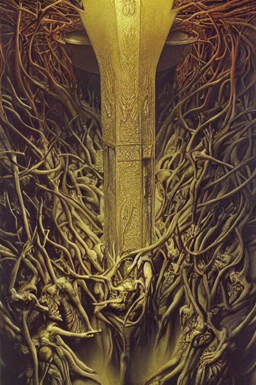 Image similar to hyper realistic painting of the holy grail by wayne barlowe, beksinski, hr giger, austin osman spare, bussiere