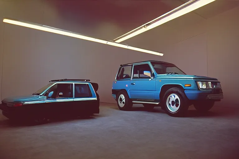 Prompt: studio photoshoot designed by giorgetto giugiaro of a single 1 9 8 8 land cruiser, thick neon lights, ektachrome photograph, volumetric lighting, f 8 aperture, cinematic eastman 5 3 8 4 film