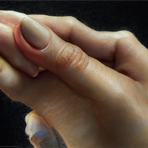Prompt: close up of a person ’ s hand, highly detailed digital painting, artstation, concept art, smooth, sharp focus, illustration, art by artgerm and greg rutkowski and alphonse mucha