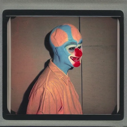 Prompt: Vintage polaroid photo of a Clown-Vampire with neon wires in his head watches old retro TV in a shabby motel room