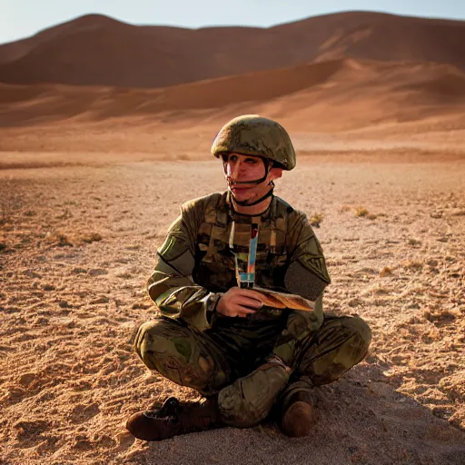 Prompt: portrait photography of soldier in the desert eating crayons, beautiful composition, ambient light