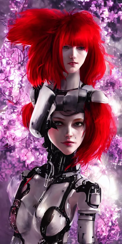 Image similar to Robot girl with red hair Cyber punk 2077, a very beautiful portrait, Devil May Cry game style, woman wrapped in lily flowers, photorealism