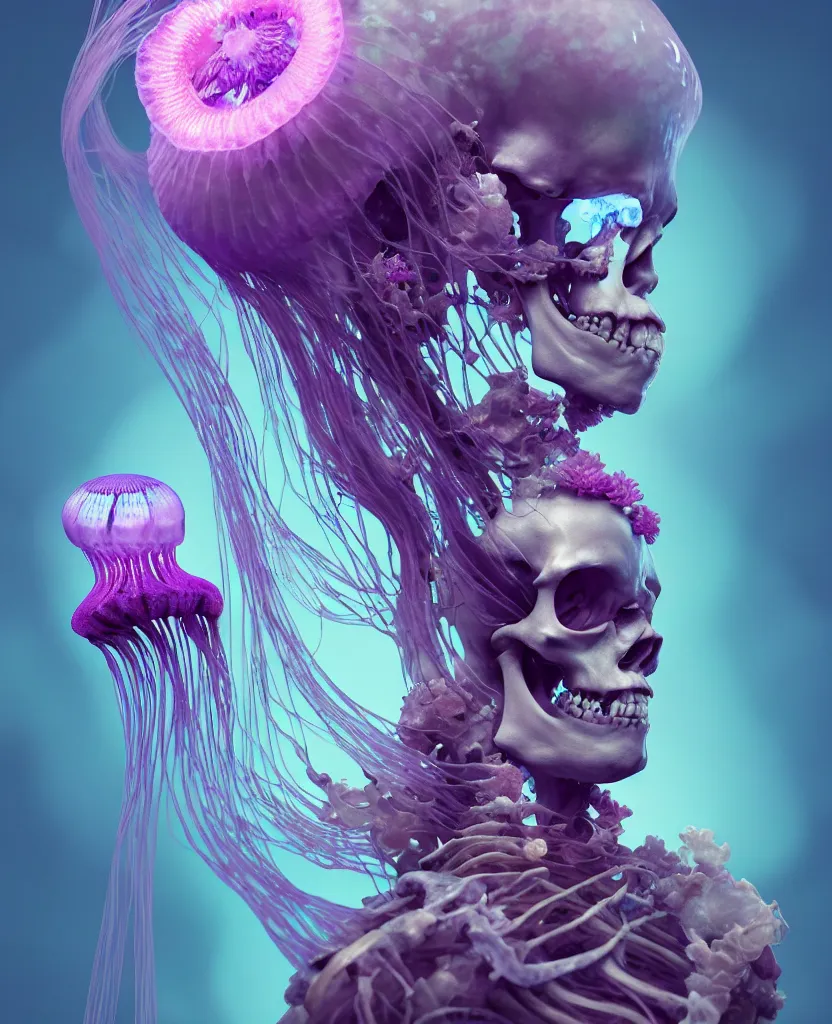 Image similar to goddess close - up portrait human skeleton, ram skull, jellyfish, orchid, betta fish, bioluminiscent, intricate artwork by tooth wu and wlop and beeple. octane render, trending on artstation, greg rutkowski very coherent symmetrical artwork. cinematic, hyper realism, high detail, octane render, 8 k