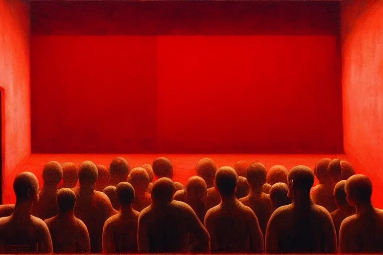 Image similar to only with red, crowd screaming, an exposed painting in a roman theater, in the style of beksinski, parts by edward hopper, parts by rodcenko, parts by yue minjun, intricate and epic composition, red by caravaggio, insanely quality, highly detailed, masterpiece, red light, artstation, 4 k