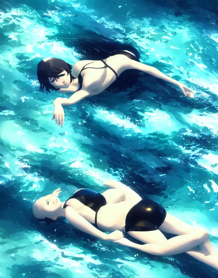 Image similar to a woman swimming underwater in a black bikini, matte, art by ilya kuvshinov and kyoto animation and ruan jia and ross tran, studio quality, aniplex,