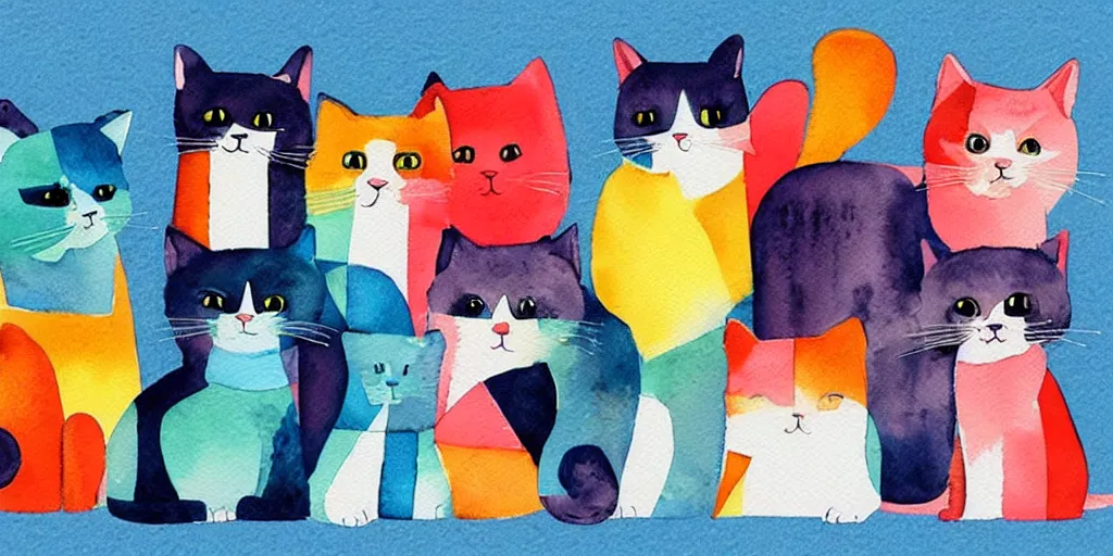 Image similar to watercolor illustration style, cute! cats!!! chose different coloured geometric toys, inspiring art