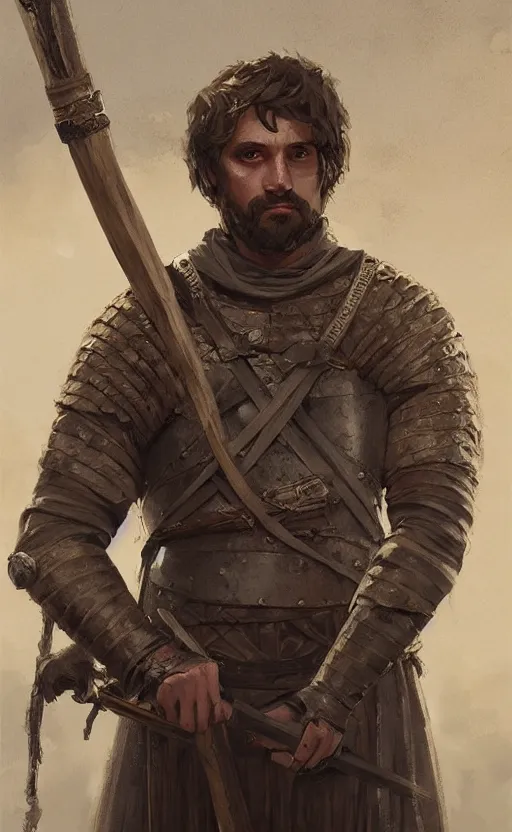Prompt: Portrait of a medieval guard holding a spear, male, detailed face, fantasy, highly detailed, cinematic lighting, digital art painting by greg rutkowski