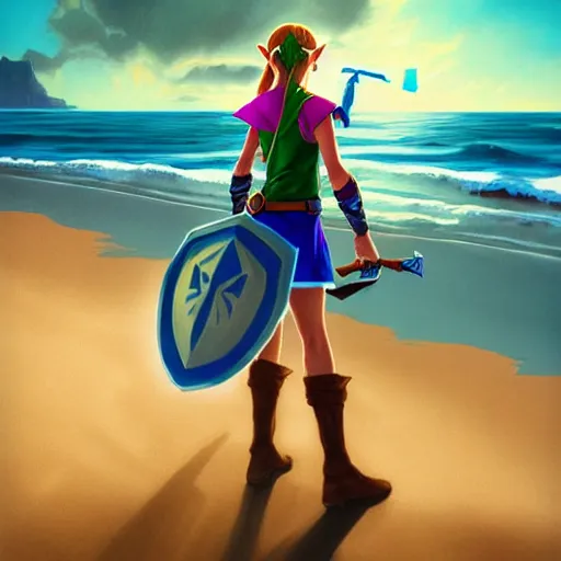 Image similar to a hyper real comic book style portait painting of zelda on the beach with link walking inside the ocean, unreal 5, hyperrealistic, octane render, cosplay, rpg portrait, dynamic lighting