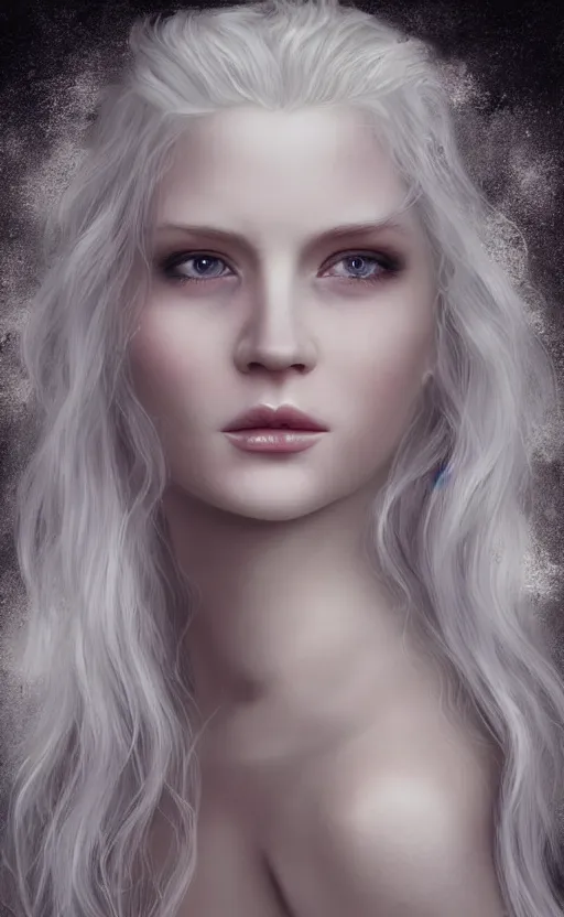 Prompt: a beautiful woman glossy porcelain skin albino, 8 k, sensual, hyperrealistic, hyperdetailed, beautiful face symmetrical, long white hair windy, dark fantasy, fantasy portrait by laura sava