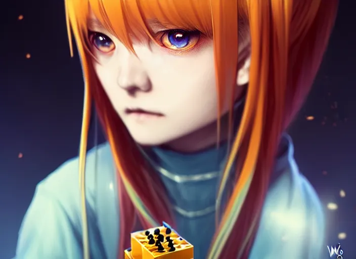 Image similar to rimuru playing chess, with amber eyes of gold color, straight hair, sky blue hair, long bangs, high collar, concept art, award winning photography, digital painting, cinematic, by wlop, anime key visual, wlop, 8 k, by ross tran, tom bagshaw, andy warhol