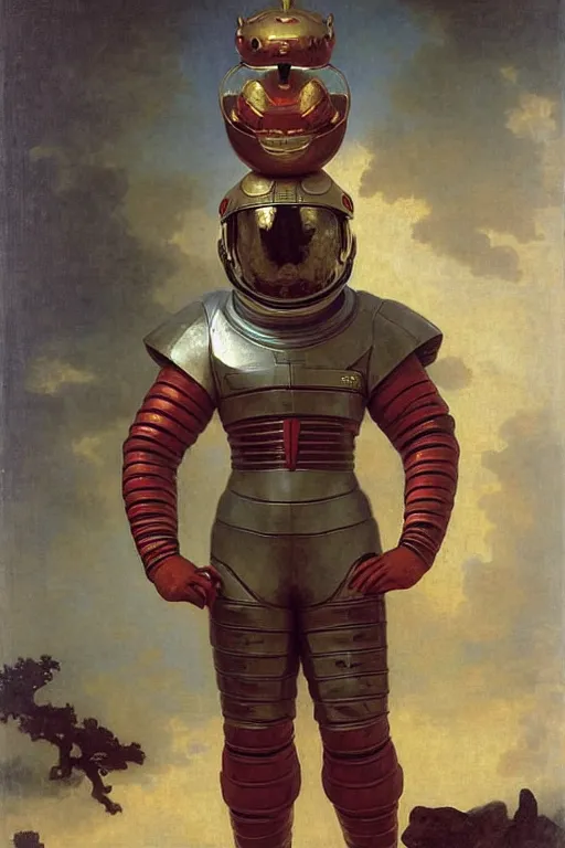 Image similar to portrait of a astronaut is a chinese dragon in armor and helmet, majestic, solemn, by bouguereau