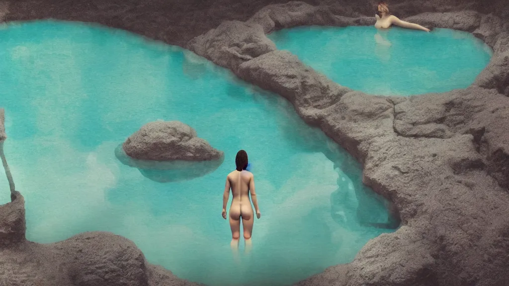 Image similar to a bather at a natural hot spring in a nook of river stones, in an epic valley, japan, a collage painting, in the style of wes anderson, lola dupre, david hockney, isolated on negative white space background dark monochrome neon spraypaint accents volumetric octane render