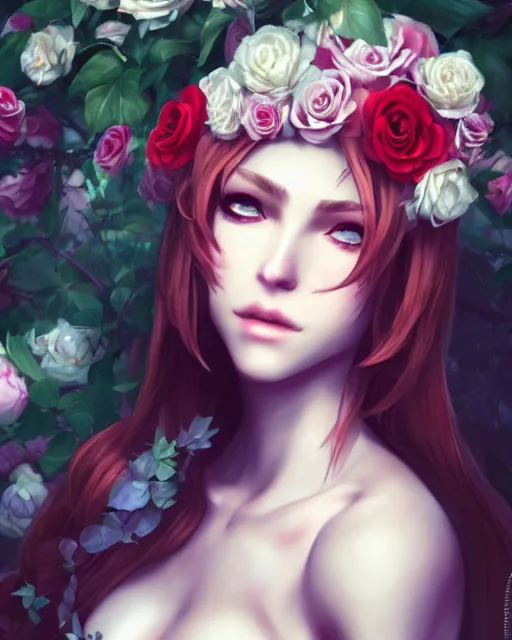 Prompt: an elegant lady surrounded by skulls in a garden full of roses, final fantasy, final fantasy, cushart krenz, very detailed, realistic face, detailed face, matte, tonemapping, perfection, 4 k,