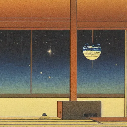 Prompt: Liminal space in outer space by Hasui Kawase