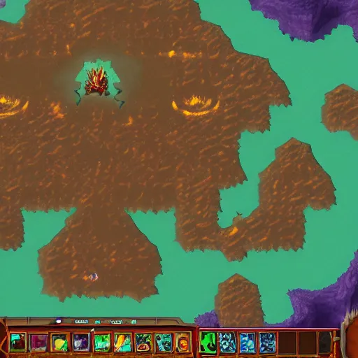 Image similar to TzKal-Zuk at the Inferno, old school runescape, lava river, magma, large shield of magma, obsidian pillars