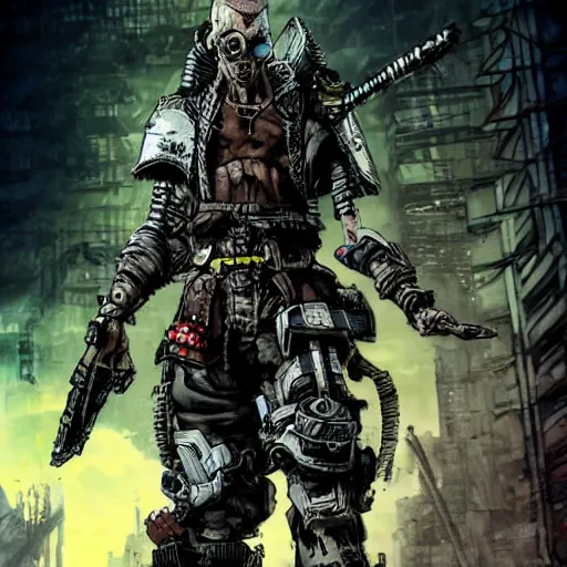 Image similar to a post-apocalyptic cyberpunk grimdarka bandit-raider leader in the style of leonard boyarsky in the style of Yoji Shinkawa detailed realistic HD 8k High Resolution