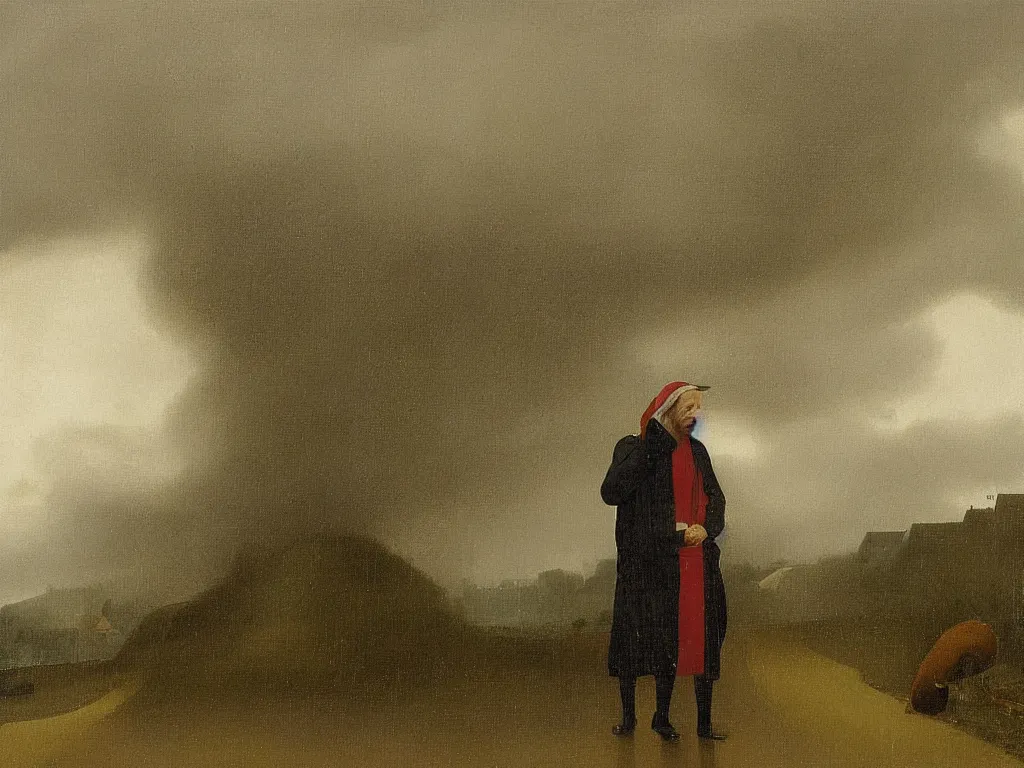 Image similar to man under torrential rain thunderstorm rain. painting by geertgen tot sint jans