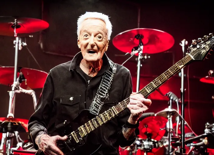 Image similar to publicity photo still of bob barker in a death metal band playing live on stage, 8 k, live concert lighting, mid shot