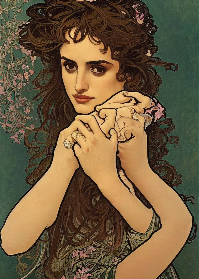 Image similar to portrait of penelope cruz, artwork by alphonse mucha