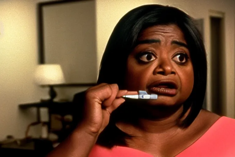 Image similar to screenshot of close up of octavia spencer removes a small hearing device with tweezers from her left ear, iconic scene from the paranoid sci fi thriller film directed by stanley kubrick, apartment set in the near future, cinematic shot with anamorphic lenses, color theory, apartment design, leading lines, photorealistic, volumetric lighting