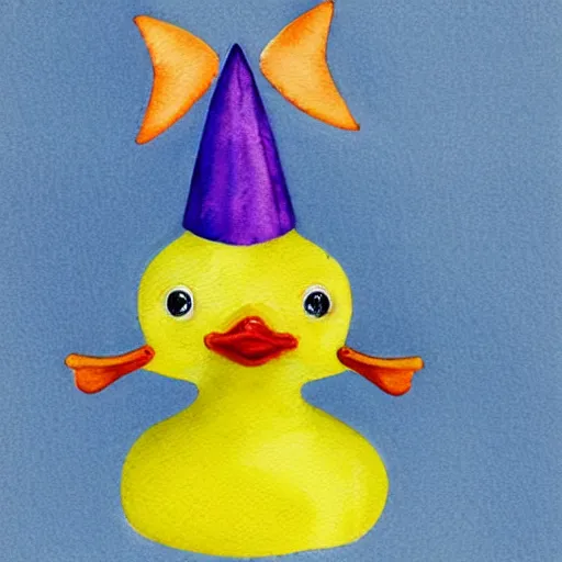 Prompt: watercolor yellow duck with party horn, cute illustration by basia tran