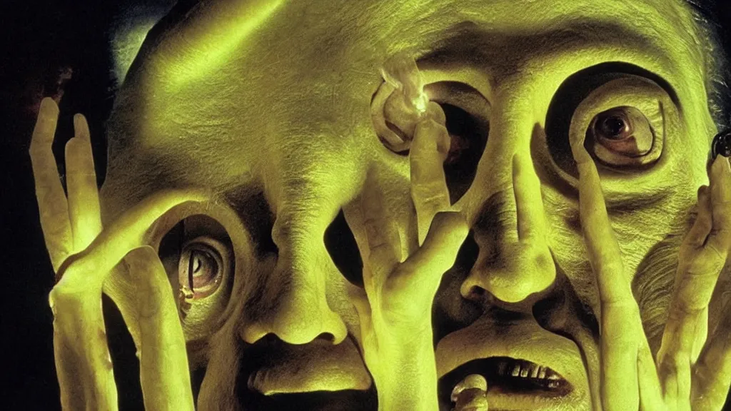 Image similar to museum of strange faces, glowing oil, film still from the movie directed by denis villeneuve and david cronenberg with art direction by salvador dali and dr. seuss