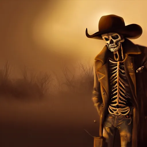 Image similar to a wounded skeleton cowboy in a long coat watching a sunset, concept art, DeviantArt, art station, illustration, highly detailed, artwork, cinematic, hyper realistic