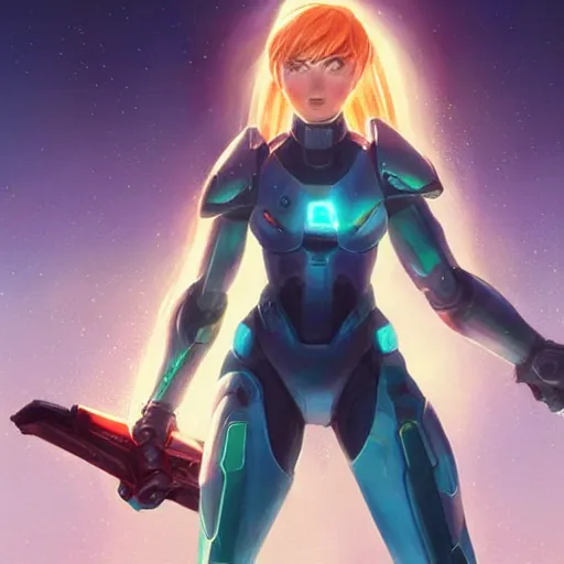 Prompt: Samus Aran with an energy sword on a halo ring, by greg rutkowski and thomas kinkade, Trending on artstation 4K.