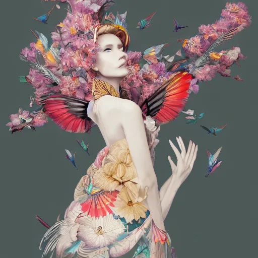 Image similar to 3 / 4 view of a beautiful girl wearing an origami dress, eye - level medium shot, fine floral ornaments in cloth and hair, hummingbirds, elegant, by eiko ishioka, givenchy, shinji aramaki, by peter mohrbacher, centered, fresh colors, origami, fashion, detailed illustration, vogue, japanese, reallusion character creator