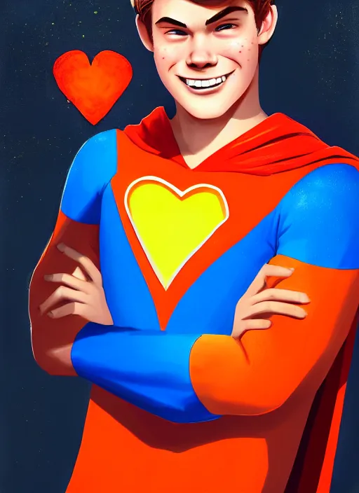 Image similar to friendly teenage archie andrews wearing an orange superhero costume with heart logo, heart, freckles, blue cape, heart emblem on chest, blue cape, intricate, elegant, glowing lights, highly detailed, digital painting, artstation, sharp focus, illustration, art by wlop, mars ravelo and greg rutkowski