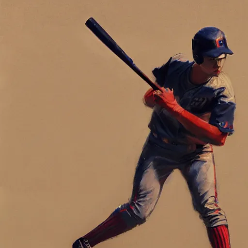 Image similar to baseball player hitting the ball with the baseball bat in the middle of the game and in front of everyone in the stadium, james gurney painting style, greg rutkowski, artstation