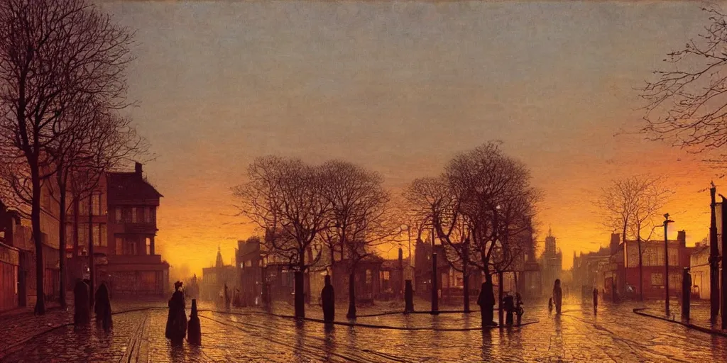 Image similar to street at sunset, highly detailed, 8K, by Atkinson Grimshaw John