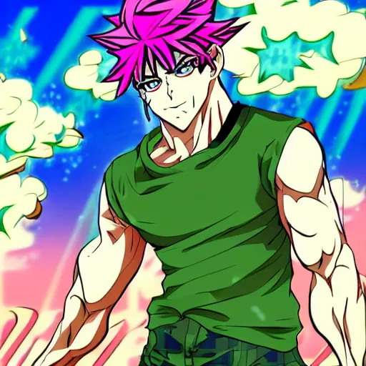 Image similar to guy with pot and little bit of sus in JoJo's bizarre adventure anime style