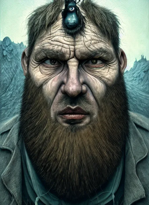 Image similar to gediminas pranckevicius | close up portrait of a monster in the sinister valley of despair, siniter facem beard, rugged face, droping poping eye,, oil painting by tomasz jedruszek, cinematic lighting, pen and ink, intricate line, hd, 4 k, million of likes, trending on artstation pus