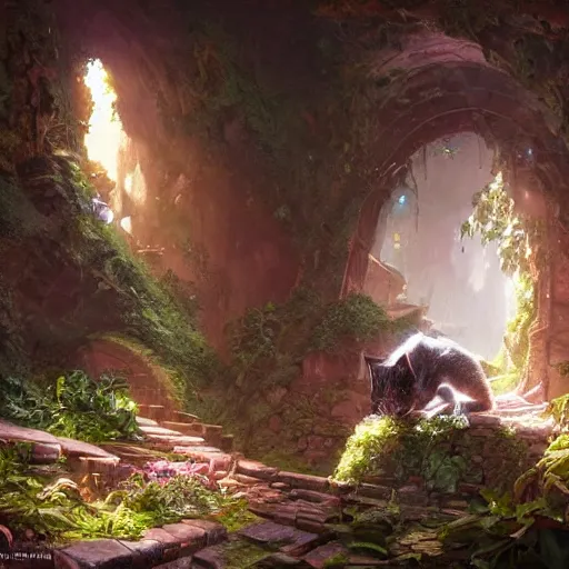 Image similar to Giant Cat resting in a cave, natural light, lush plants and flowers, elegant, intricate, fantasy, atmospheric lighting, by Greg rutkowski, league of legends splash art