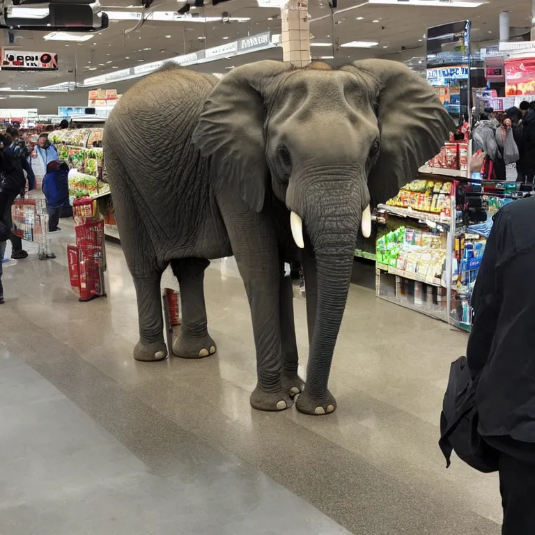 Image similar to An elephant patiently waiting in line at the supermarket