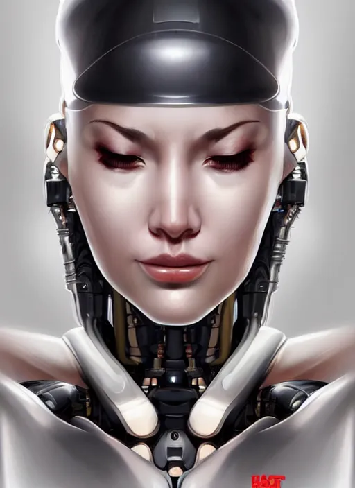 Image similar to portrait of a cyborg woman who turns her head to the ((((right))) left+350 (((up))) (((down))) by Artgerm,eyes closed , biomechanical, hyper detailled, trending on artstation