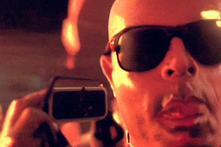 Prompt: pitbull taking a selfie, in hell in 1 9 8 5, y 2 k cybercore, industrial low - light photography, still from a kiyoshi kurosawa movie