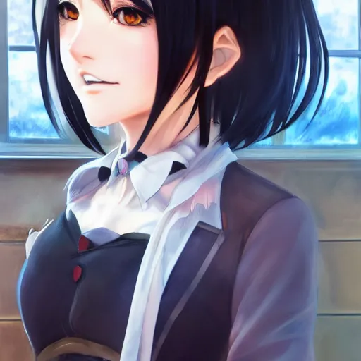 Image similar to luxury advertisement, astonishing portrait of a very beautiful anime schoolgirl with black bob hair, full perfect face, she is dancing. Realistic, highly detailed background, artstation, 120 degree view, drawn by Sasoura, Satchely and Akihiko Yoshida, no distortion